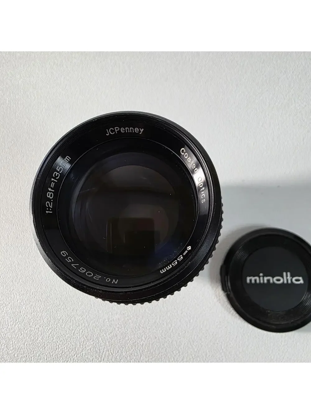 JC Penney Camera Lens MD Minolta Mount 55mm No 206759 1:2.8 f=135mm Coated Optic